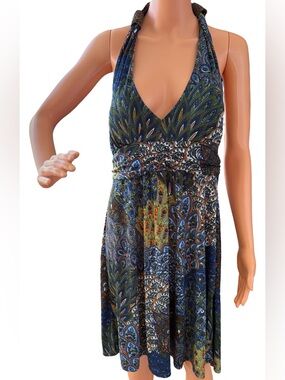 Women's Backless Halter Paisley Dress in Blue & Green